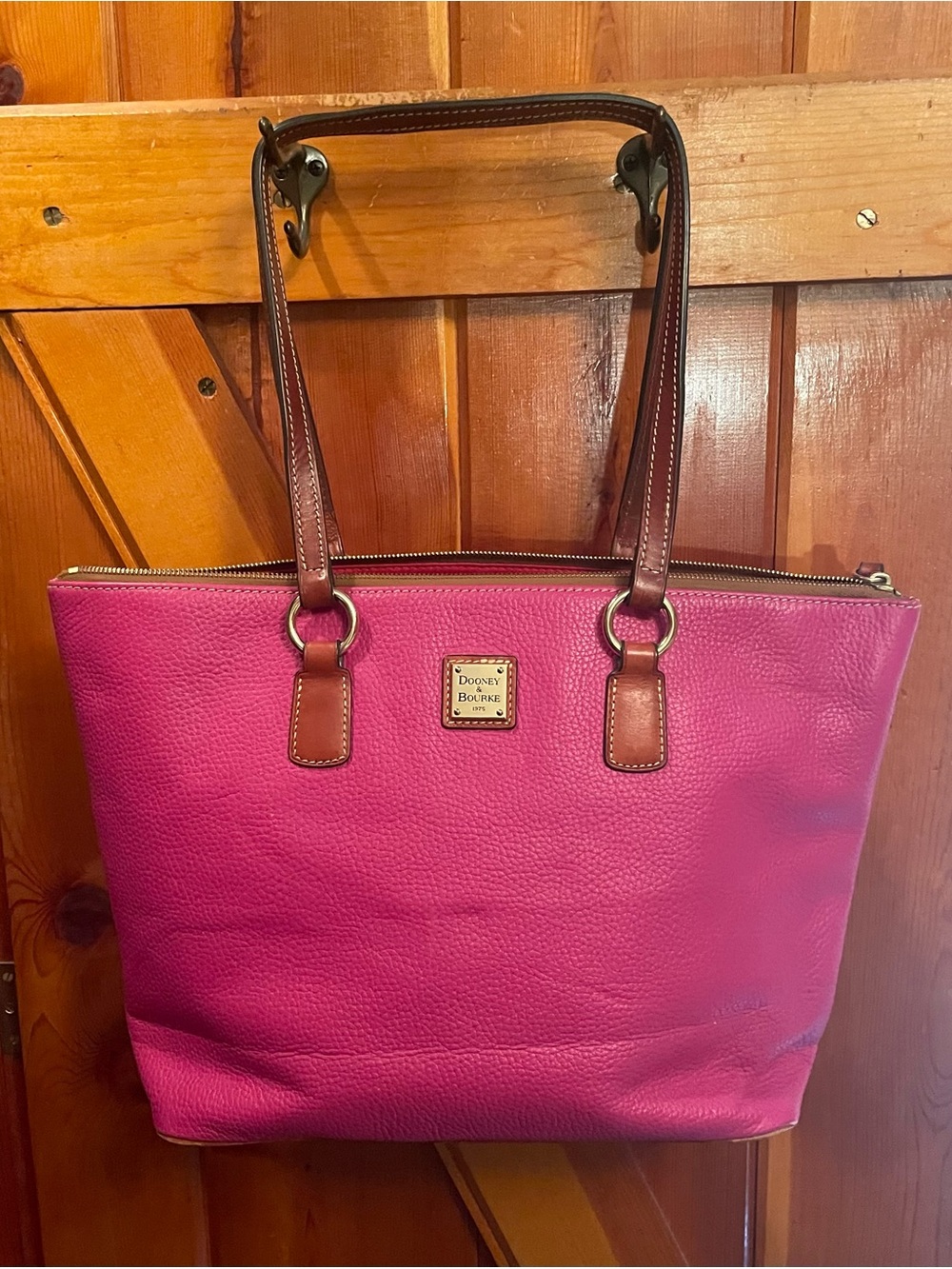 Dooney & Bourke Hot Pink Pebbled Leather Tote with Brown Trim - Large